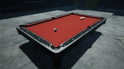 A red pool table is prepared for a casual game