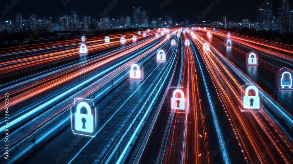 Aufkleber Digital Data Flow Secured With Locks Across Network Infrastructure Highways