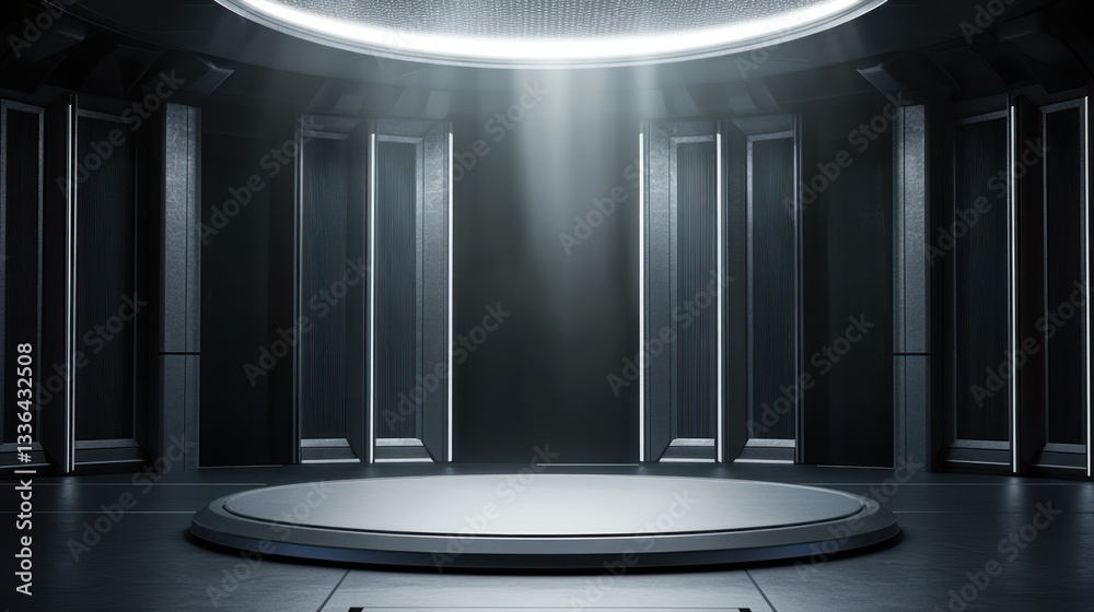 Poster Futuristic interior with platform and bright ceiling illumination creating scene