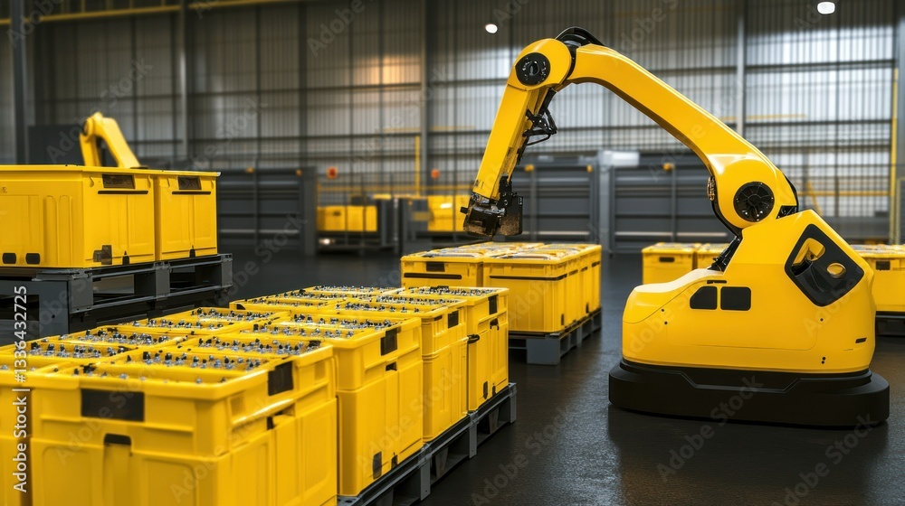 Poster a yellow robotic arm placing containers in a warehouse setting