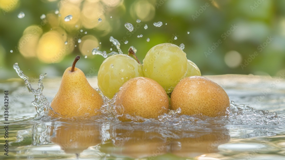 Poster Fresh fruit is splashed with water creating a dynamic display
