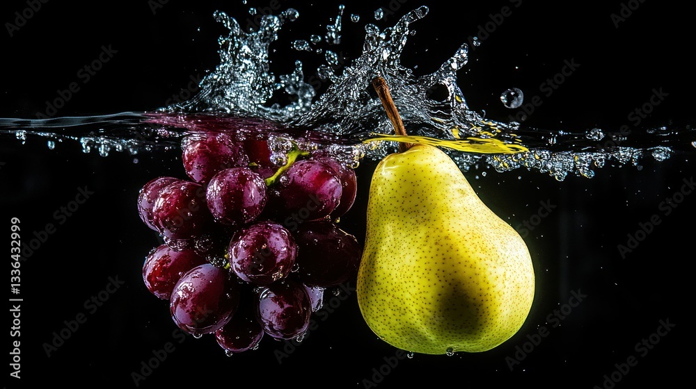 Poster a pear and grapes being submerged in clear water
