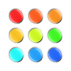 Set of nine colorful round 3d buttons with metallic silver frames, isolated on a white background. Includes red, orange, yellow, green, blue, and cyan buttons with a glossy, reflective surface.
