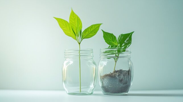 2 glass jars with green plants growing in them on a white background,  environment protection,  ecology with the idea of organic plant growth concept, sustainability, minimalistic style
