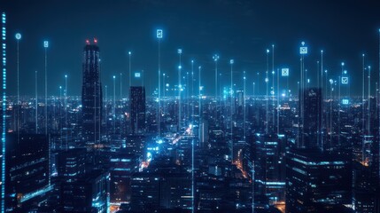 Obraz premium Futuristic city skyline at night with digital overlay