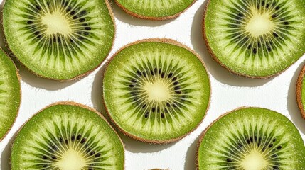 Fototapeta premium Group of sliced kiwi fruit arranged in a circular pattern on a white background. the slices are of different sizes and shapes, with the largest slice in the center and the smaller ones on either side.