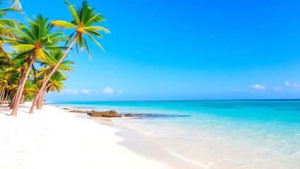 Obraz premium A Postcard-perfect Tropical Beach Scene, Showcasing Swaying Palm Trees On A Pristine White Sand Beach, Meeting Turquoise Waters Under A Vibrant Blue Sky