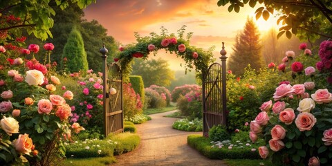 Obraz premium Serene Sunset Path Leading Through a Lush Rose Garden with Ornate Gate