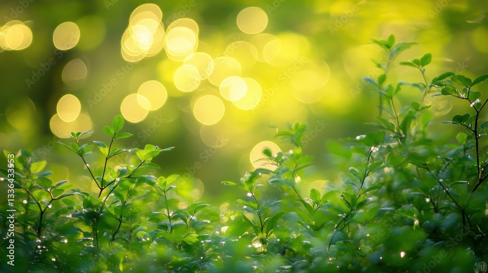 Poster green foliage with blurry golden lights creating a bokeh effect