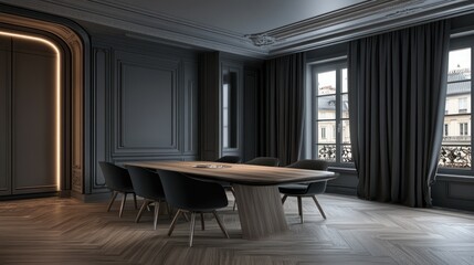 A modern conference room featuring a wooden table and chairs