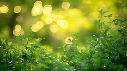 Green foliage with blurry golden lights creating a bokeh effect