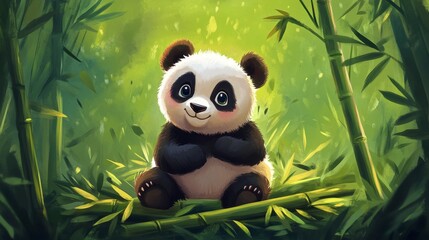 Fototapeta premium Panda sitting on bamboo forest haven gigapixel art vibrant nature playful perspective adorable cartoon concept