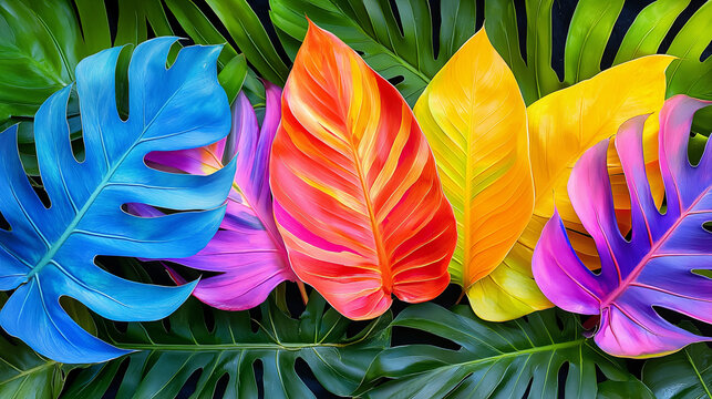 Vibrant tropical leaves in bright multiple colors, showcasing the diversity of nature's beauty