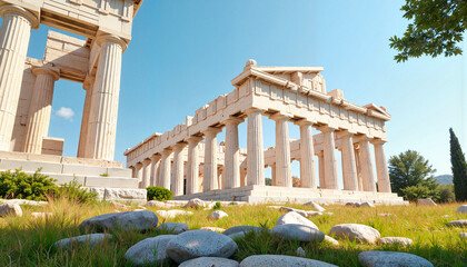 Fototapeta premium Classical Greek temple under clear sky with lush greenery, cultural heritage