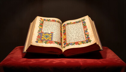 Illuminated ancient manuscript displayed on velvet pedestal, artistic heritage