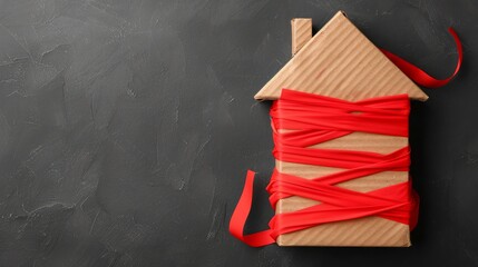 A house model wrapped in red tape symbolizes restrictions and delays in mortgage payments. Strong contrast and high-definition financial representation.