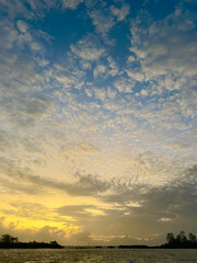 At the beginning of the morning, the blue sky and the sea with horizon, There are a lot of clouds. landscape view background.