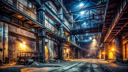 Obraz premium Illuminated Interior of a Derelict Industrial Complex at Night, Showing the Extensive Metal Framework and Aged Concrete Structures