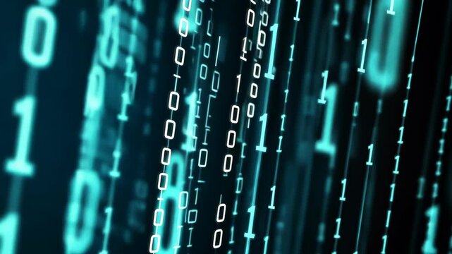 Digital binary code cascading in a futuristic pattern with glowing blue tones during a data transmission visualization