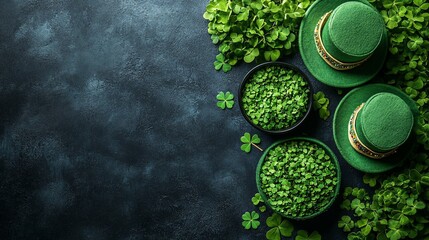 St. Patrick's Day background with green hats and shamrocks.