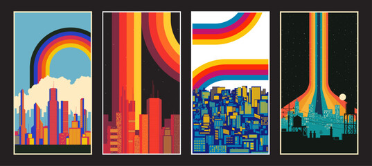 Modern Cities 1980s Style Posters, Vintage Color Stripes, Cityscape Backgrounds. 80s Colors and Shapes