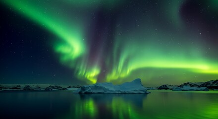 Aurora Borealis Dancing Over Icebergs in Arctic Waters Under Starry Sky