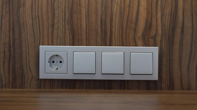 Switch and sockets panel on the wooden wall in the hotel