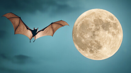 bat flying against full moon creates spooky atmosphere, perfect for holiday, costume, horror, party, Halloween theme