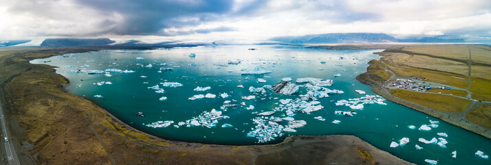 South Iceland, Diamond Beach. Beach with sparkling icebergs at sunset.