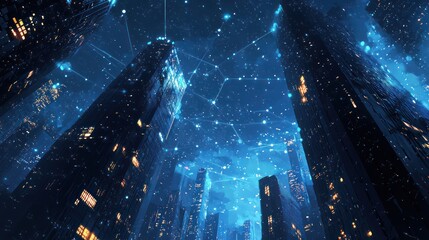 Naklejka premium Futuristic City Skyline at Night, Network Connections, Abstract Art, Stock Photo