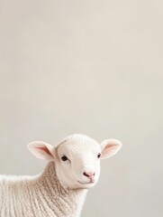Obraz premium Close-up portrait of a white lamb. the lamb is facing the camera and is looking directly at the camera with a slight smile on its face.
