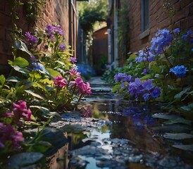 Enchanting Rain-Kissed Alley with Vibrant Flowers and Cobblestone Reflections