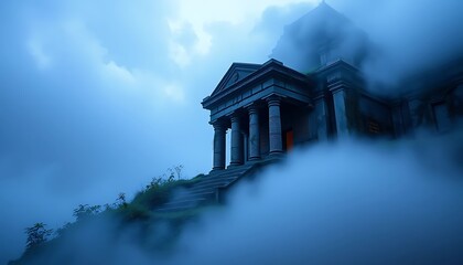 Obraz premium Mysterious Building on Hilltop Enveloped in Fog with Dramatic Lighting