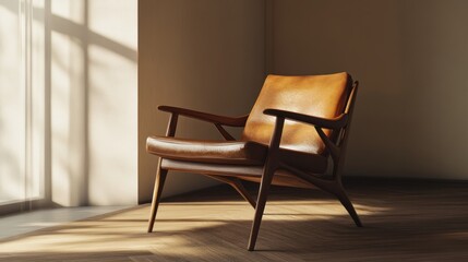 Fototapeta premium Sunlit Leather Armchair in Room Corner