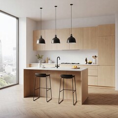 Modern kitchen with light wood cabinets, white countertops, two stools at an island, pendant lights, and a large window with a view