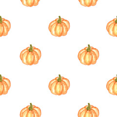Seamless pumpkin pattern. An illustration painted in watercolor. Handmade decoration of ripe orange autumn pumpkins. Thanksgiving and Halloween.