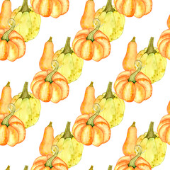 Watercolor Pumpkin orange, yellow, green. Seamless pattern isolated on a white background. Ideal for culinary packaging, botanical design paper and label design.