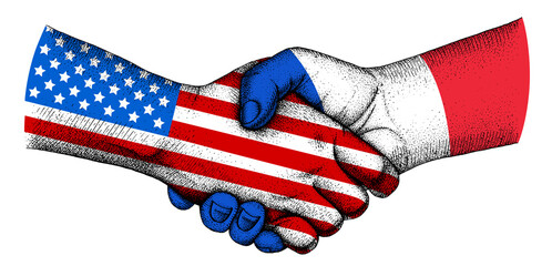 Handshake with flags of France and USA
