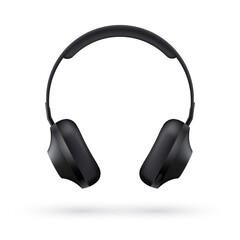 Music realistic black headphones front view isolated on light background. Vector 3d illustration.