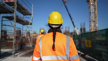 Woman in safety gear walking on construction site with scaffolding and crane in the background