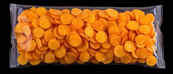 A transparent plastic bag filled with orange circular chips