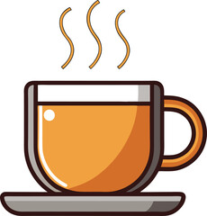 Vector illustration of a steaming orange tea cup, A vector design featuring an orange tea cup with steam rising, placed on a gray saucer, in a simple and modern style.
