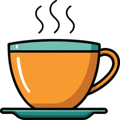 Vector illustration of a steaming orange teacup, A vibrant vector design of an orange teacup with steam rising, placed on a matching saucer in a clean, modern style.

