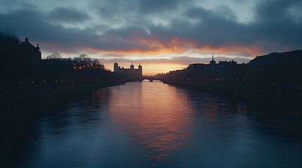 Fototapeta premium Serene sunset over a tranquil river reflecting vibrant colors, with historic buildings lining the banks