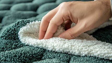 A hand gently touching the soft fluffy textured blanket close up