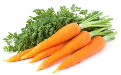 Fresh orange carrots with green tops isolated on white.