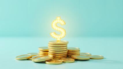 Stacks of Gold Coins with Glowing Dollar Sign on Blue Background