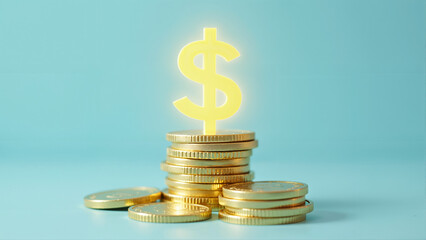 Stacks of Gold Coins with Glowing Dollar Sign on Blue Background