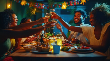 Joyful Dinner Gathering: Friends Celebrating with Wine