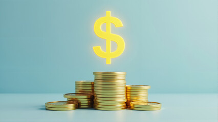 Stacks of Gold Coins with Glowing Dollar Sign on Blue Background